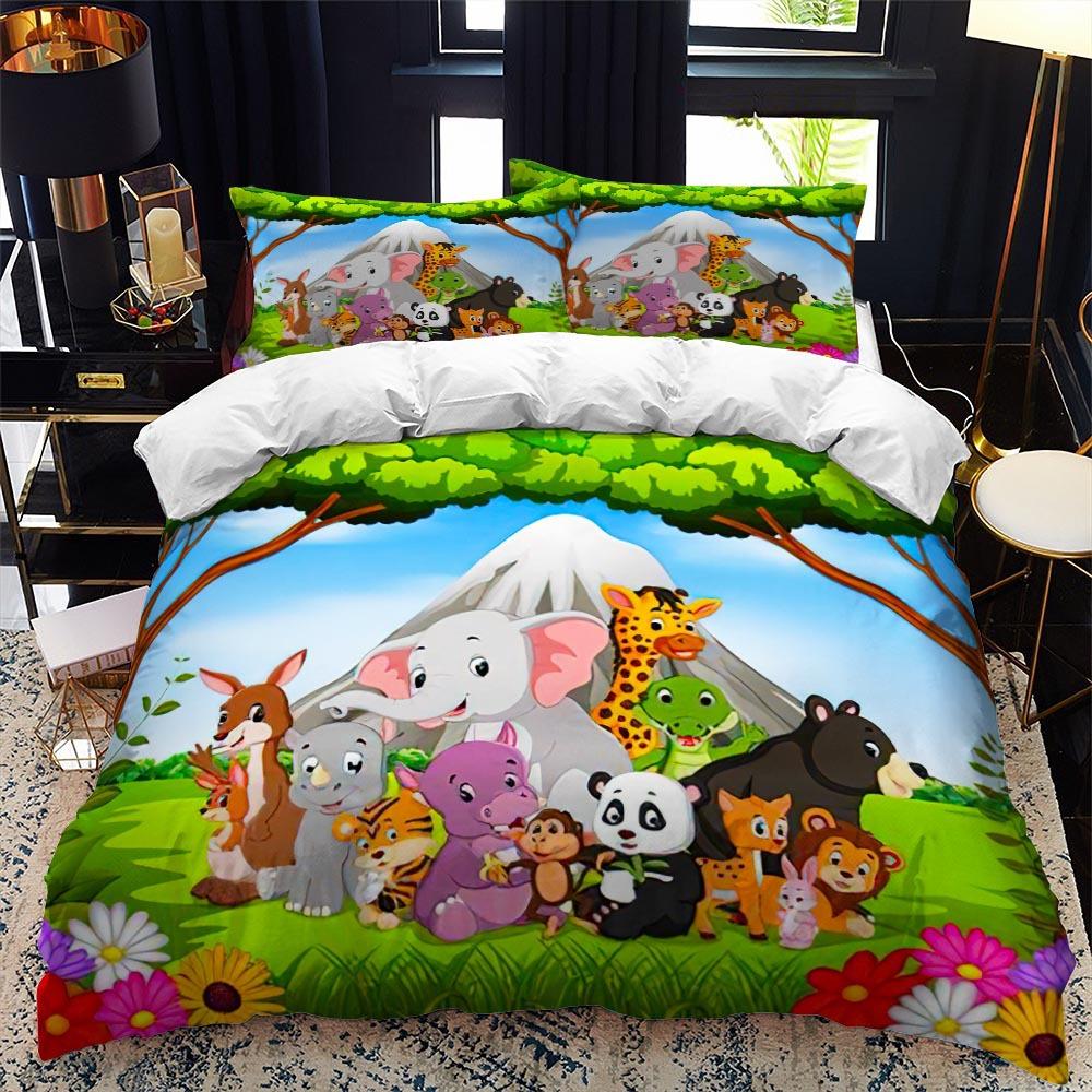 Zoo Duvet Cover Set King Queen Size Animal In The Forest Cartoon Illustration Lion Panda For Kids Girl Boy Polyester Bedding Set