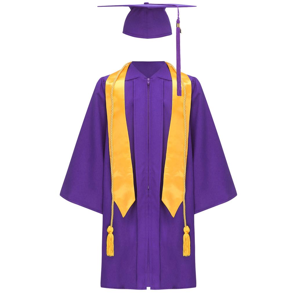 Unisex Kids Graduation Gown Set V Neck Long Sleeve Front Zipper Robe Academic Hat Stole Tassel Ceremony Outfit