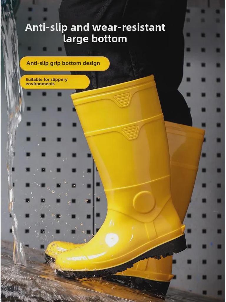 Men's Yellow Rain Boots: Mid To High Tube, Steel Toe, Anti-Smash, Anti-Puncture, Acid and Oil Resistant.