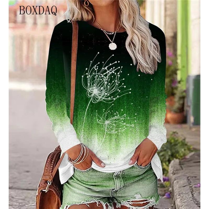 Löwenzahn Muster Damen T-Shirts Frühling Herbst Langarm 3D Pflanzen&Blumen Druck Street Gradient Damen T-Shirts 6XL Übergröße