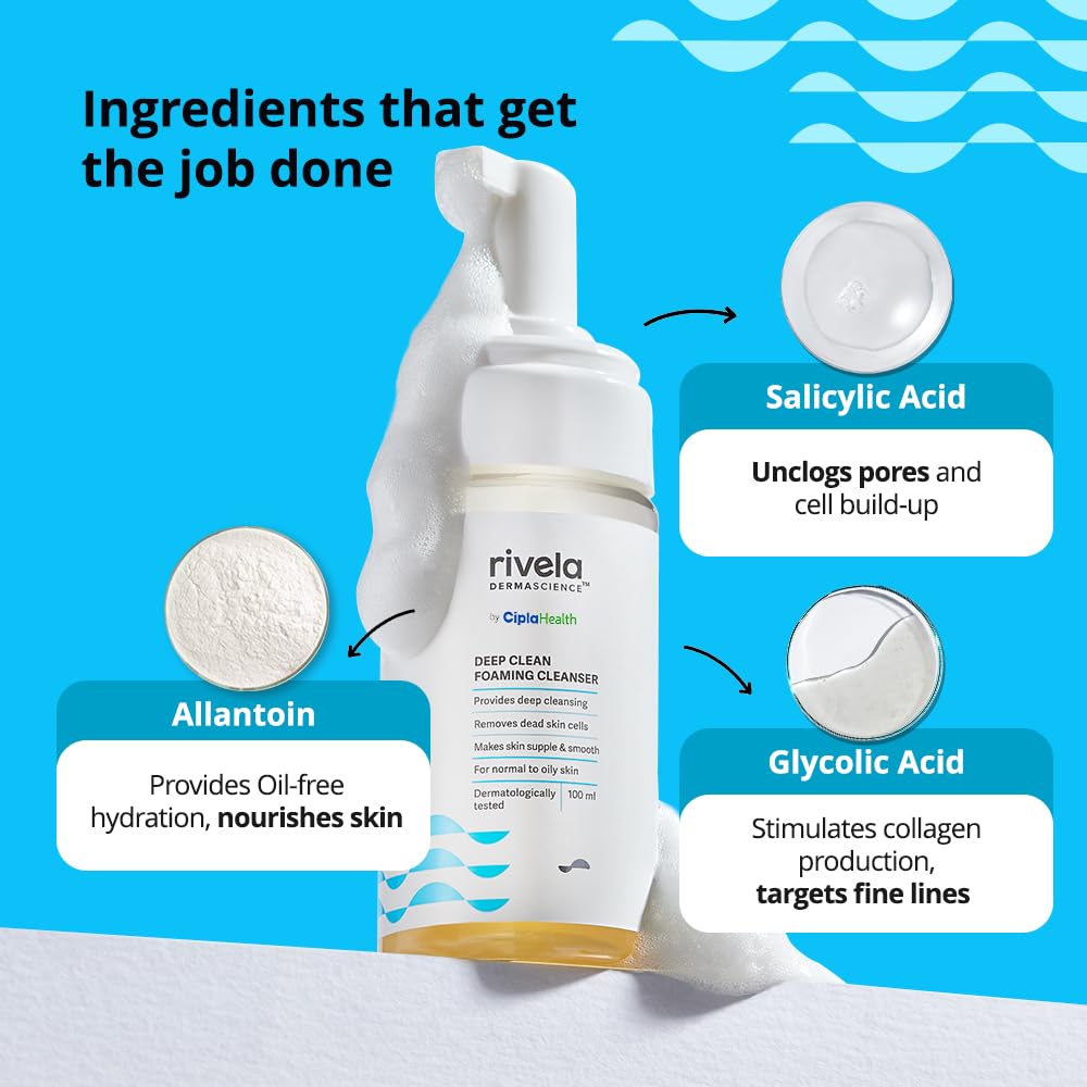 Rivela Dermascience Deep Clean Foaming Facial Cleanser By Cipla | Removes Dead Skin Cells | Makes Skin Supple and Smooth | For Normal to Oily Skin