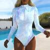 Women Long Sleeve One Piece Swimsuit Zip Front Seaside Scenery Print Rash Guard Surfing Bathing Suit