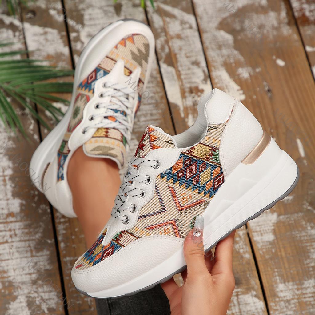Women's Shoes Spring Autumn Casual Sneakers Wedges Ethnic Style Colorblocking Round Toe Vulcanize Shoes Lace Up Large Size Tenis