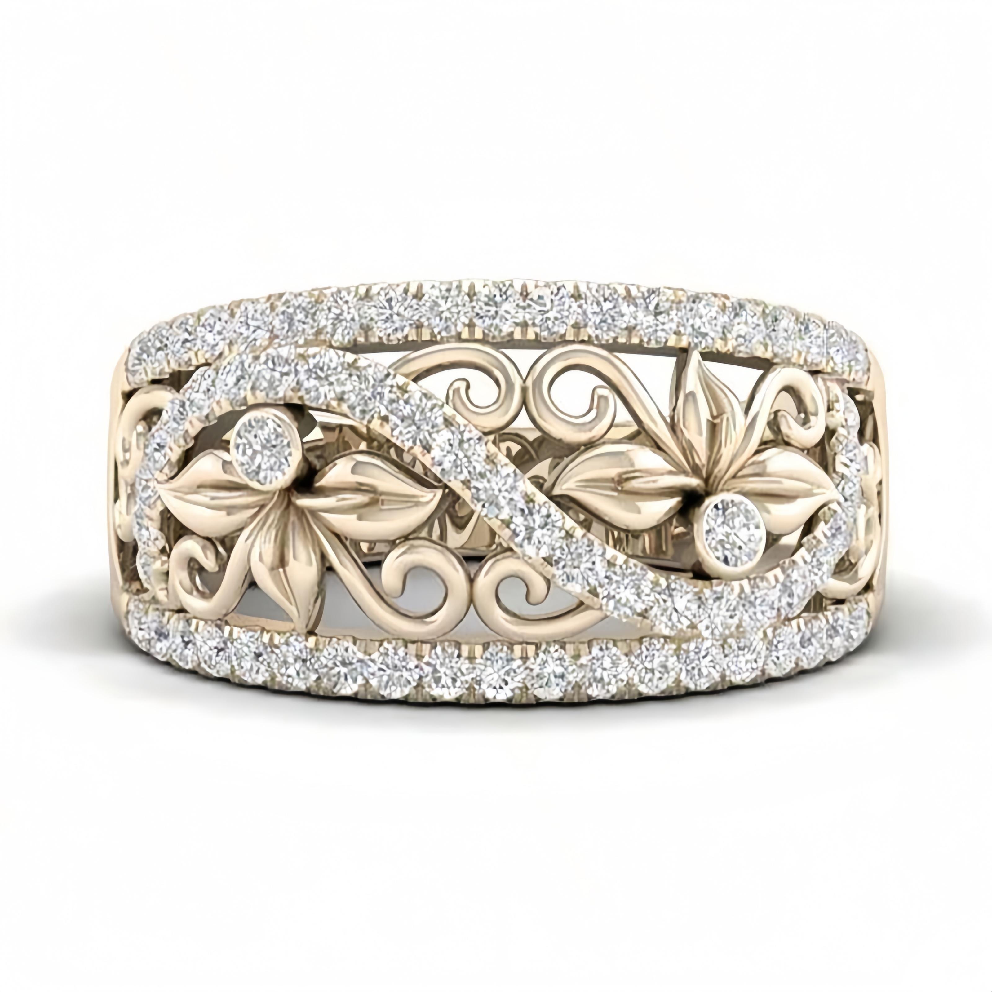 A beautifully carved leaf-patterned bohemian-style fashion piece KC gold Women s personalized ring inlaid with sparkling synthetic zircon, women s 6