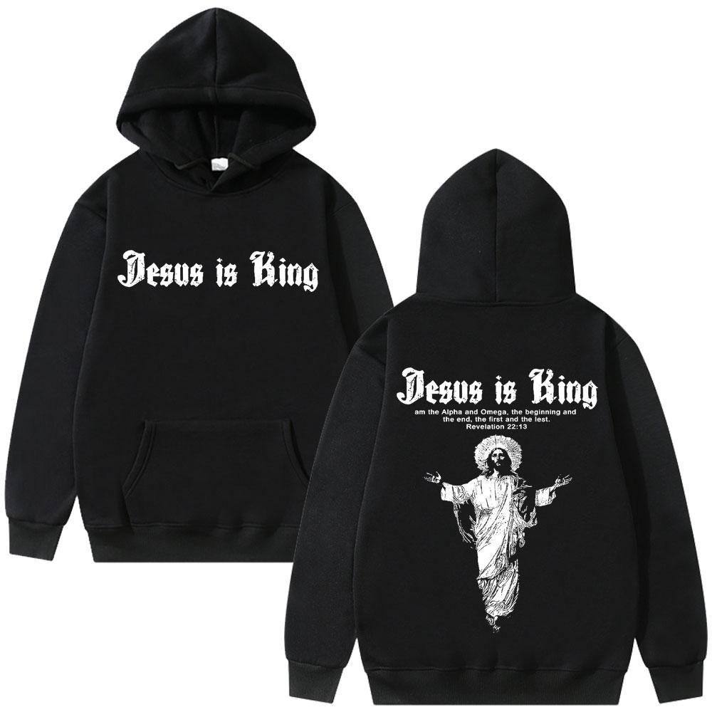 Jesus Is King Print Men Plus-size Hoodie Religious Outdoor Street Gothic Harajuku Casual Fashion Long-sleeve Autumn Fleece Top