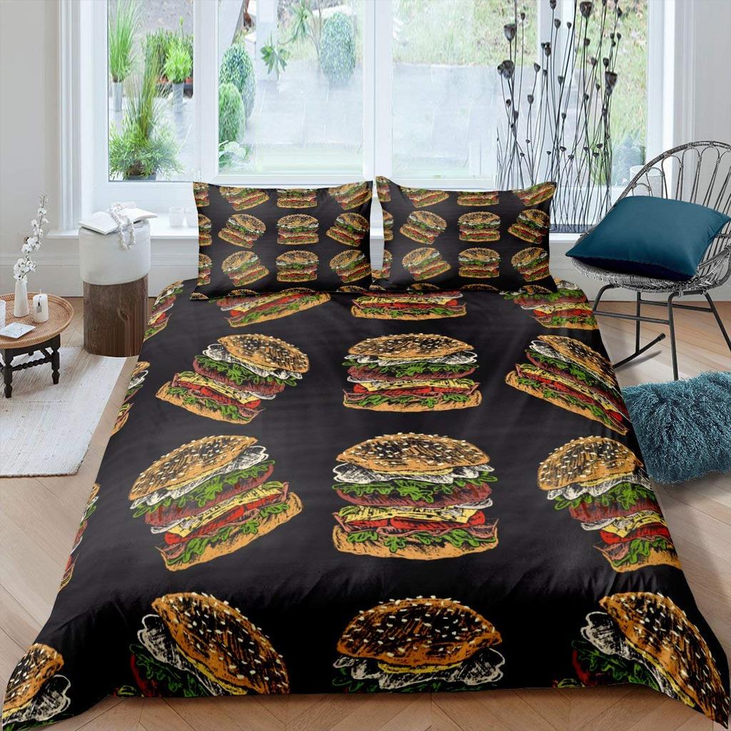 American Fast Food Duvet Cover Set Full Size Polyester Pizza Hotdog Hamburger Print Bedding Set French Fries Cartoon Quilt Cover