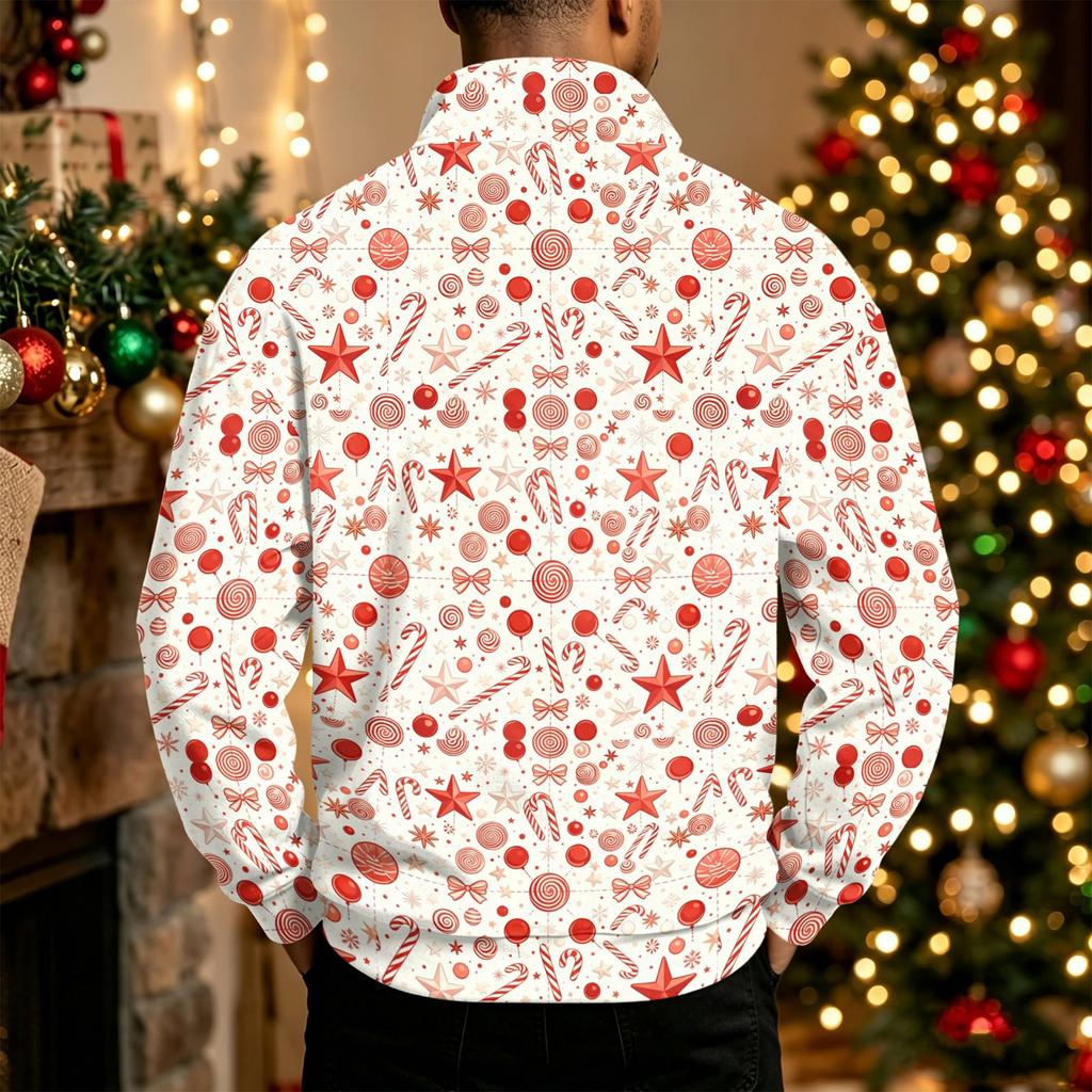 Men's Casual Quarter-Zip Stand Collar Sweatshirt with Christmas Print, Holiday Pullover
