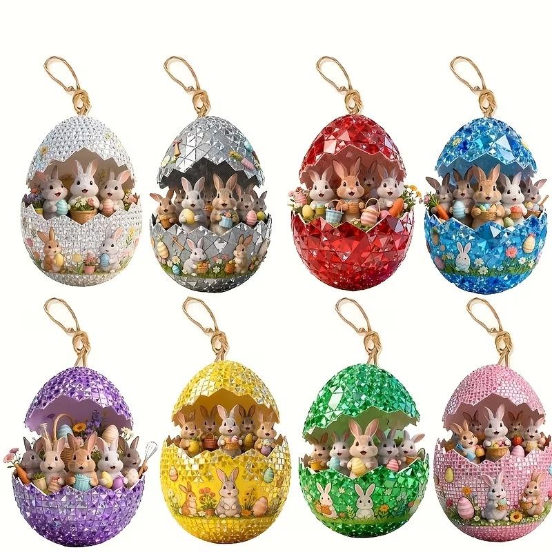 M-8Pcs Wooden Easter Egg Decorative Hanging Set 2D DIY Craft Easter Simulation Egg Decorative Artificial Egg Hanging Ornament