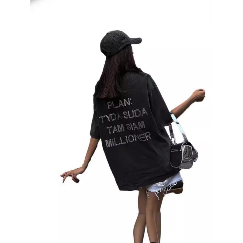 Retro Street Style Cotton T-shirt Hot Diamond Make Old Design Women's Round Neck Short Sleeve Letter Printed Top Personalize Outerwear Pullover Summer