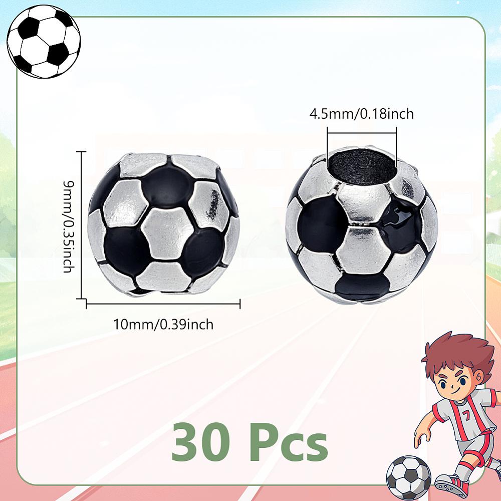 30Pcs Tibetan Style Alloy European Beads, Football, Large Hole Beads, Antique Silver, 10x9mm, Hole: 4.5mm