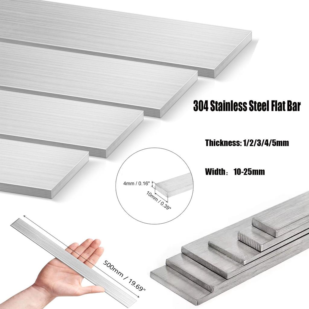 1Pcs 304 Stainlesss Steel Flat Bar,Length 500mm ,Brushed Finishing Trim Strips Sheet for DIY Craft Making