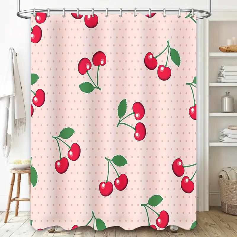 Pink Cherry Print Shower Curtain Decorative Polyester Bath Liner for Bathroom Accessories in Home Kitchen Pink (180x200cm)
