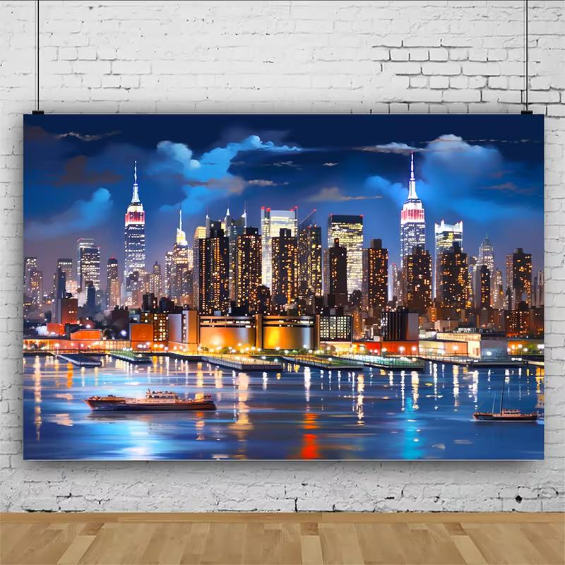 New York Waterfront Cityscape Tapestry, Urban Skyscraper Backdrop for Living Room Decor