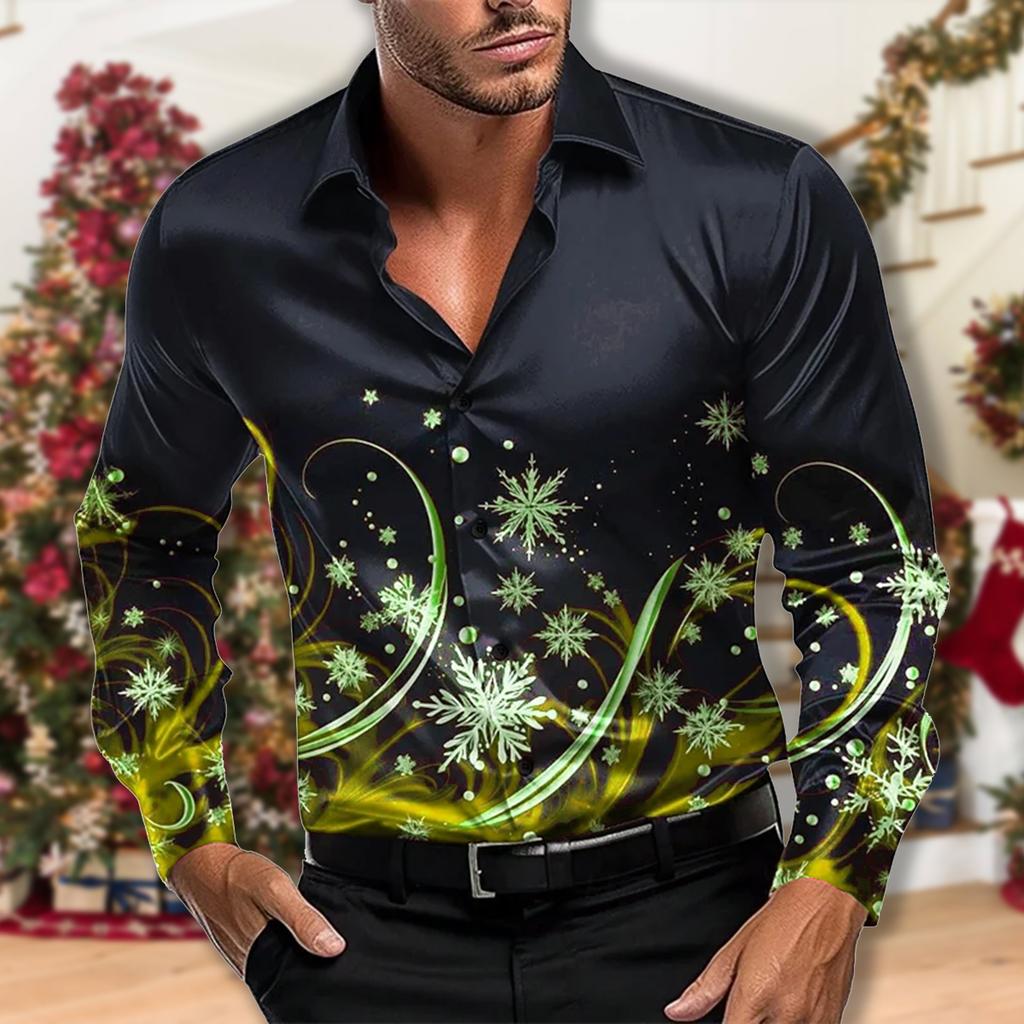 Christmas Men's Christmas Scene Printing Shirt Snow Snow Casual Fashion Lapel Button Long-sleeved Party Autumn Shirt