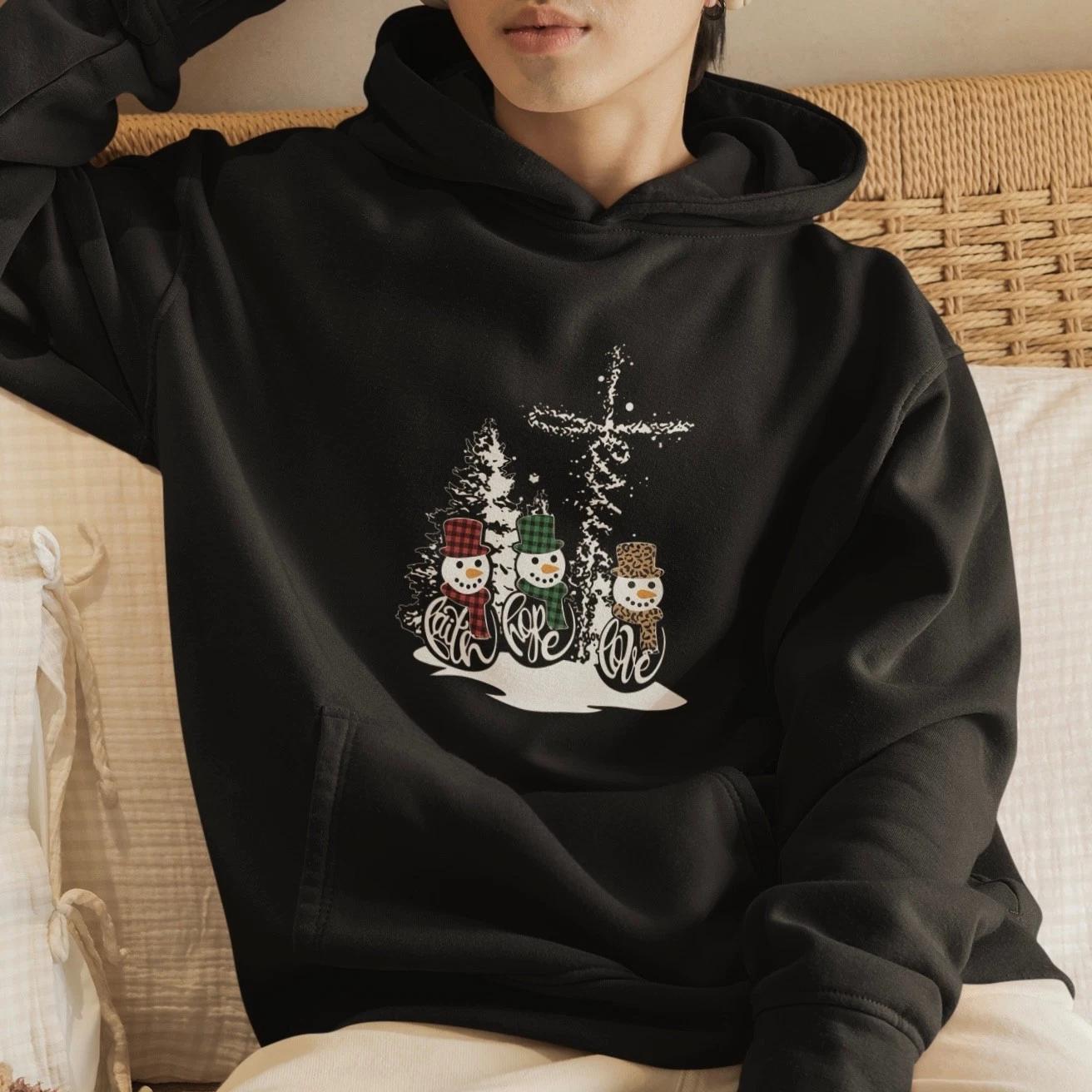 Faith Hope Love Snowman Hoodie Christmas Christian Cross Winter Holiday Top Gift L