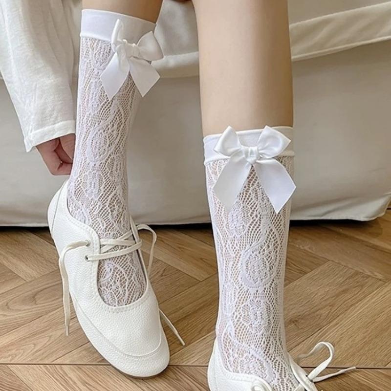 

Женские тонкие летние носки с бантиком, кружевные, сексуальные, с ажурным узором, маленькие, в ретро-балетном стиле 1 pair белый