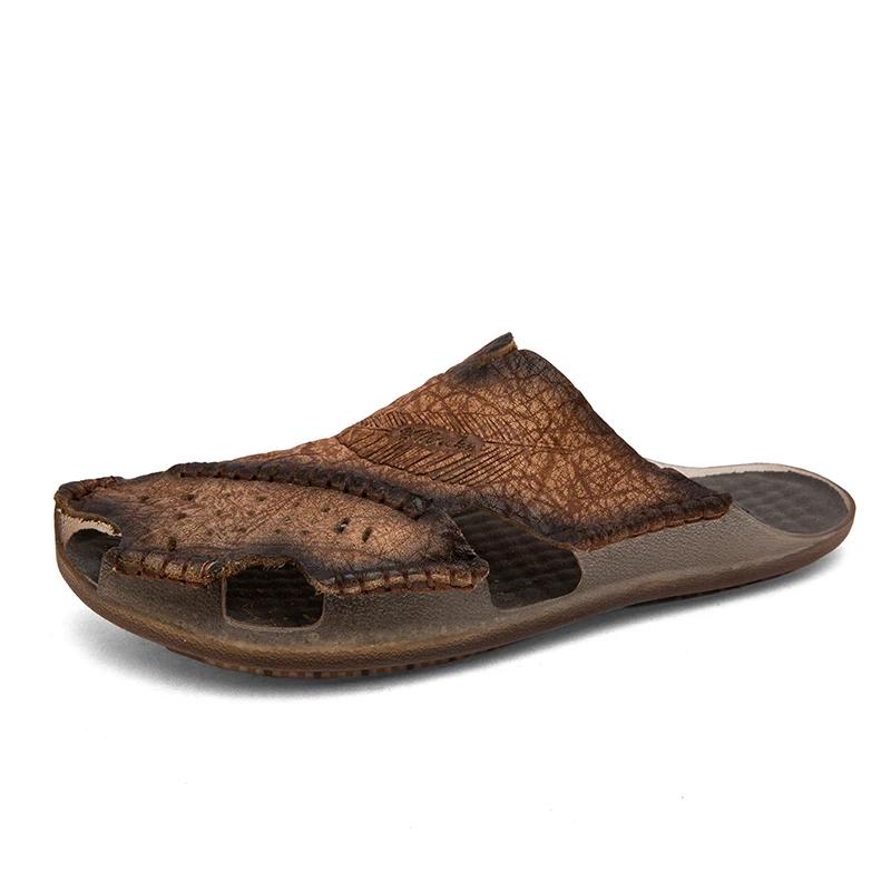 

Модные черные мягкие кожаные сандалии мужские плоские шлепанцы тапочки уличные пляжные сандалии домашние сандалии без застежек летняя обувь 38 коричневый