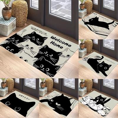 Black Cat Door Mat Non-Slip Entrance Way Mats Welcome Mats Rugs Washable Carpet Home Decoration for Indoor Outdoor