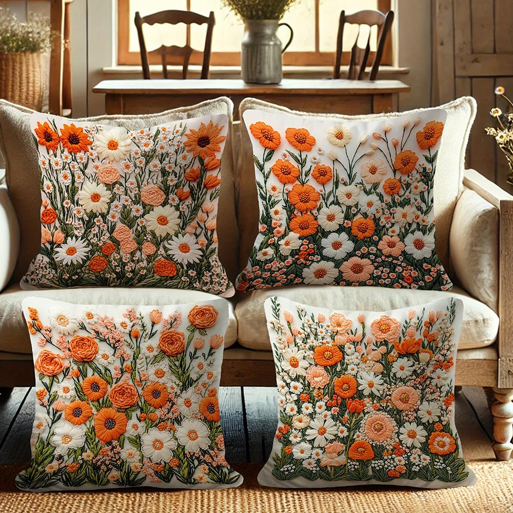 Blumen-Präge-Kissenbezüge: Lebendiges Orange und Weiß Blumenarrangement Sofakissenbezug Wohnzimmer Dekoration 2D Flachdruck