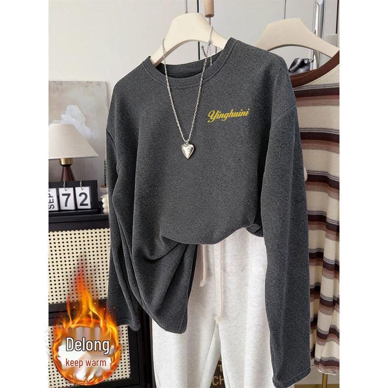 Plus Size European Sweet Temperament Letter Print Double-Sided Round Neck Long Sleeve Top for Autumn/Winter XL (115-130 jin)