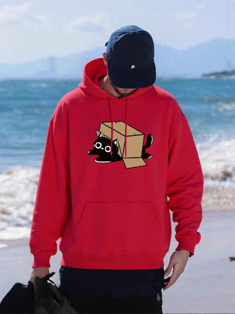 Cardboard Box Black Cat Printing Man Hoody Loose Fleece Hoodies Autumn All-Match Pullovers Multicolor Hip Hop Mens Sportswears