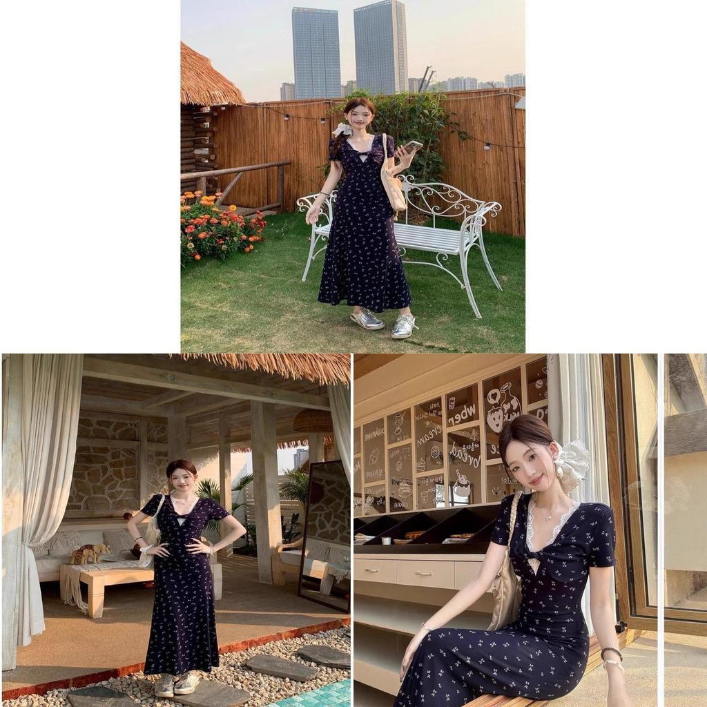 French Blue Vneck Lace Floral Maxi Dress With Slim Fit For Summer 2026