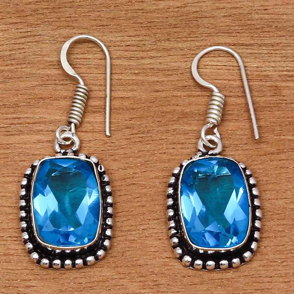 Bracelet et Boucles d'Oreilles Bijoux en Pierre Gemme Quartz Bleu Suisse 7-8''