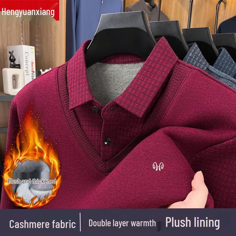 Hengyuanxiang Men's Pure Cashmere Two-Piece Look Thickened Winter Sweater