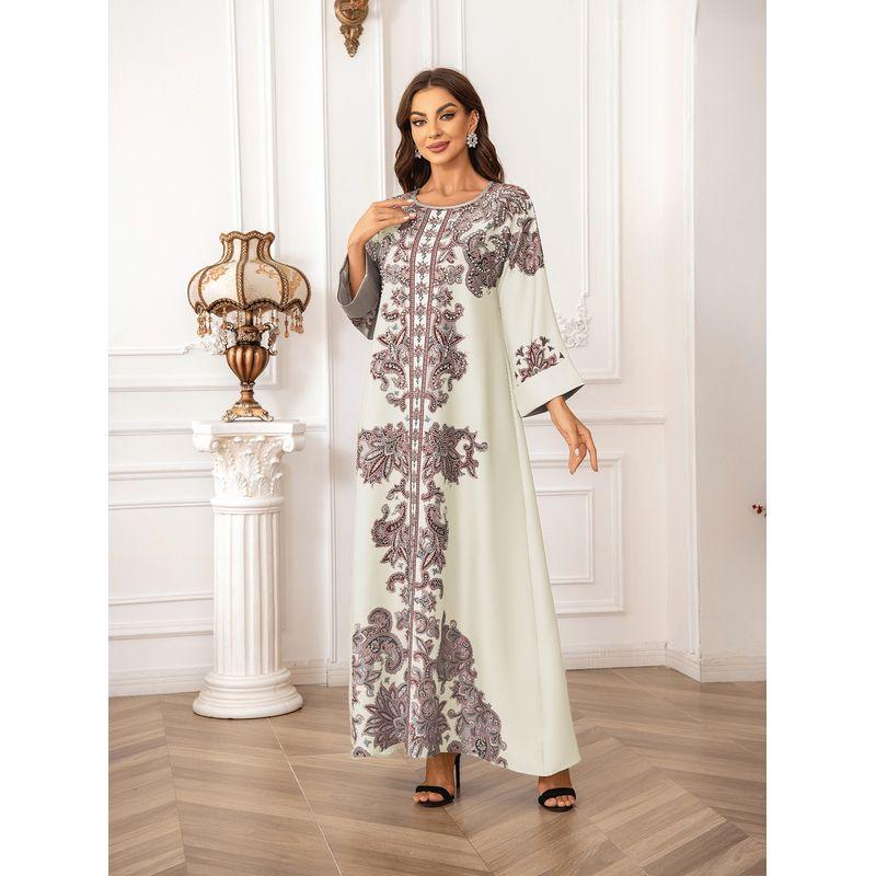Magic Queen Middle East Saudi Robe Flower Positioning Print Beads Arabic A Word Dress Dresses