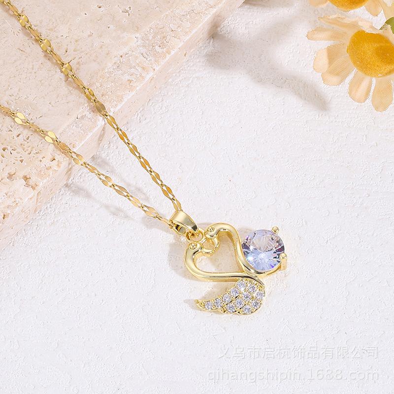 Titanium Steel Necklace Female Senior Personality Versatile Mandarin Duck Playing Water Zircon Pendant Collarbone Chain Gift