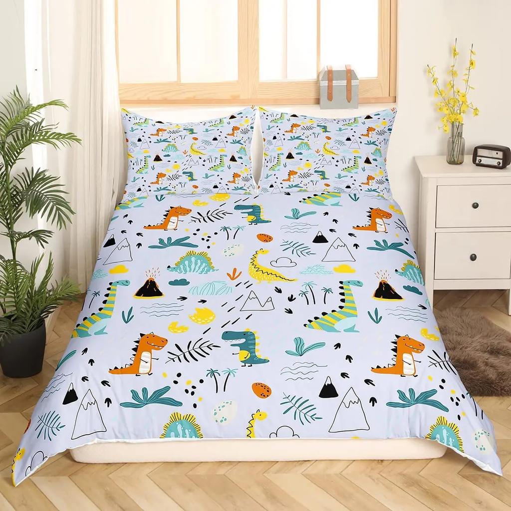 Kawaii Dinosaur Duvet Cover Queen Size For Kids, Cute Colorful Cartoon Soft Comforter Covers With Zipper Closure Bedroom Bedding