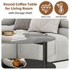 Moderner minimalistischer Wohnzimmer-Couchtisch, mit einer runden schwarzen Glasplatte, kombiniert mit einer schwarzen Holzunterschicht, schön und praktisch.