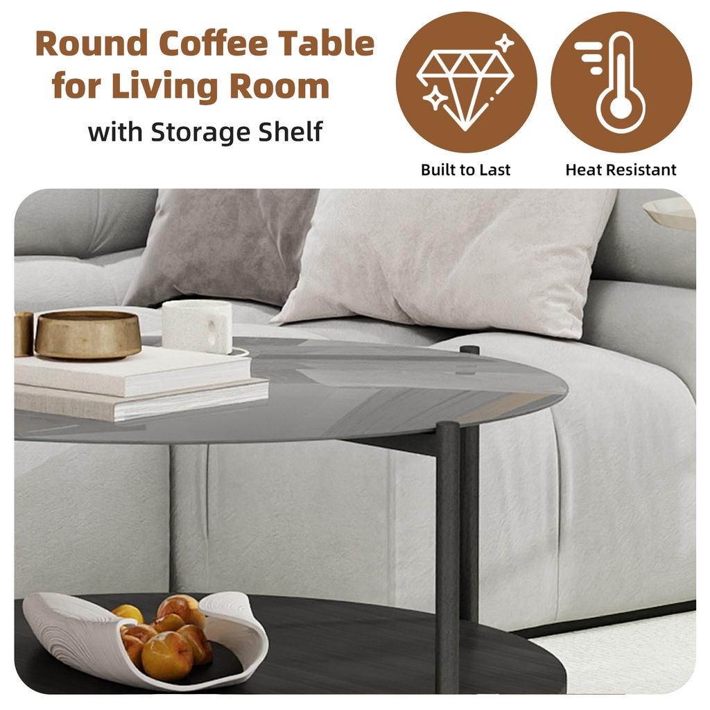 Moderner minimalistischer Wohnzimmer-Couchtisch, mit einer runden schwarzen Glasplatte, kombiniert mit einer schwarzen Holzunterschicht, schön und praktisch.