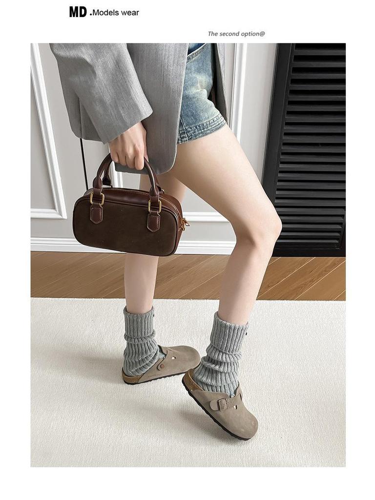 Boken 2024 Autumn Women's Genuine Leather Cork Mule Slippers: Closed-Toe Cow Suede, Flat Bottom, Outdoor Wear.