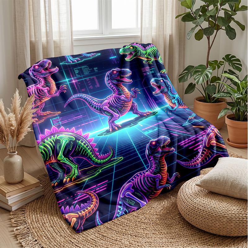 Neon Dino Skateboard Adventure Theme Blanket Lightweight Warm Flannel Blanket Decorative Throw Blanket for Home Decoration