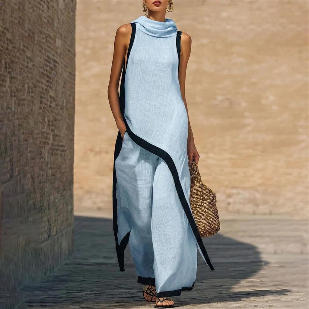 Women's Fashionable Casual Asymmetrical Hooded Sleeveless Top And Pants Two-Piece Set