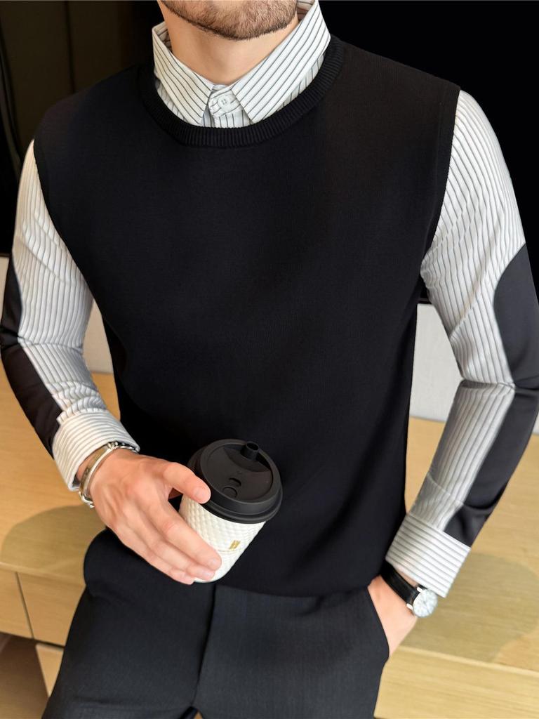 2025 Men's Winter Plus Velvet Warm Sweater Slim Fit Business Trendy Two-Piece Layer Shirt