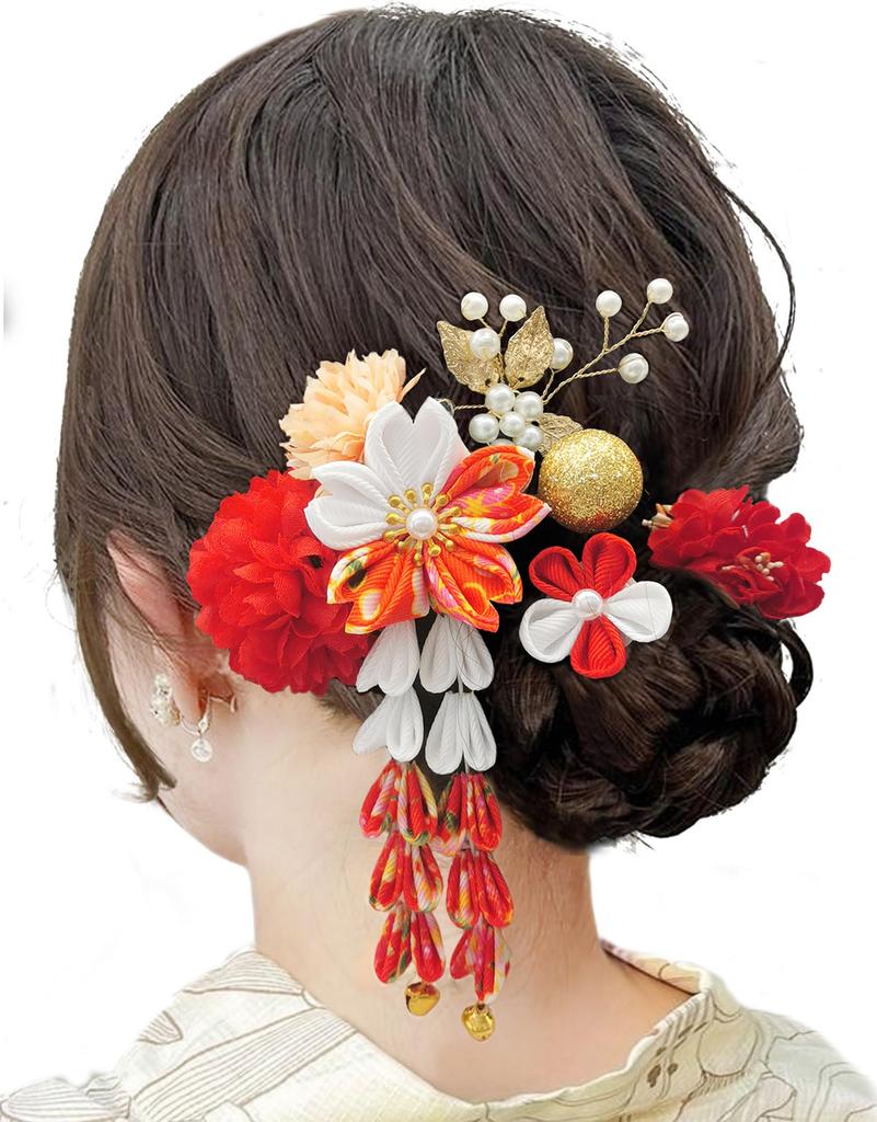 JZOON Hair Handcrafted Hair Ornament with Golden Perfect for and other Japanese and Ornament Handmade, Tsumami-zaiku Bells, Ornament, Red,