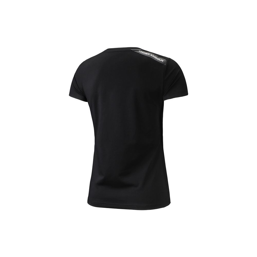 Under Armour Printed Stripe 3D Logo Athletic Knit Fitted Straight-Cut Crew Neck Short Sleeve T-Shirt Women Tops Black 22500520-001
