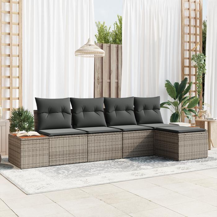 VidaXL Ensemble de Canapé de Jardin 5 Pièces avec Coussins Gris Rattan Acacia 3348065