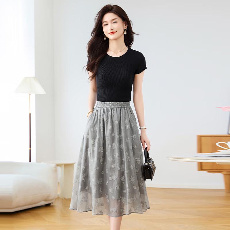 Women's Elegant Gray Floral Chiffon A-Line Midi Skirt