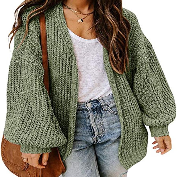 2025 Women's Plus Size Loose Knitwear Cardigan with Lantern Sleeves - Solid Color European and American Style Sweater.