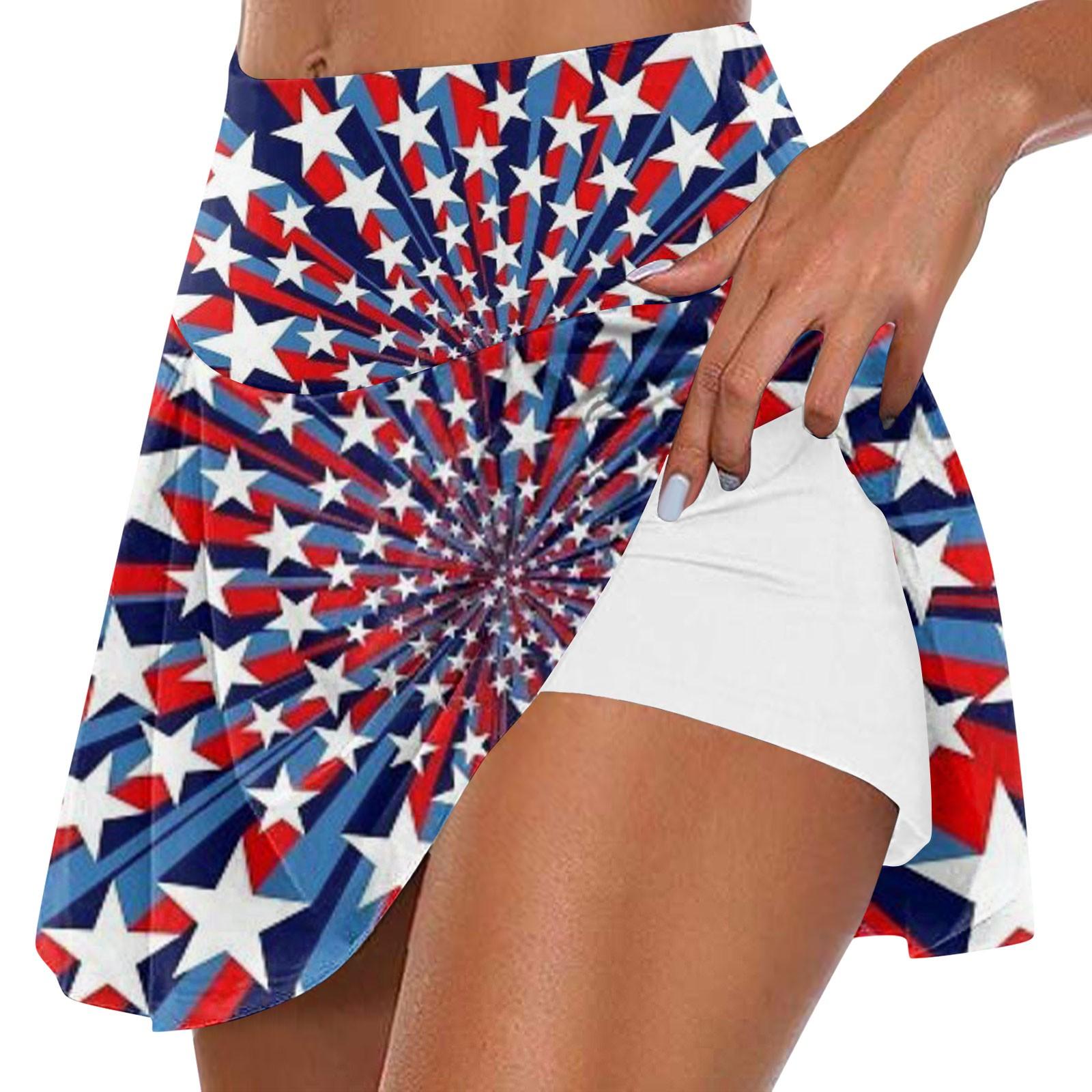 

Женская летняя повседневная спортивная фитнес-беговая йога-теннисная юбка с принтом на День независимости, плиссированные юбки, шорты L синий