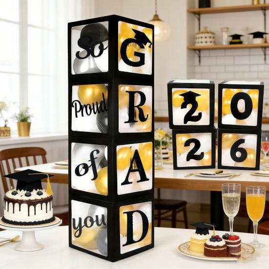 4 ks Krabice na balónky k promoci 2026 Tak hrdý na tebe Černá krabice na balónky s písmeny pro třídu 2026 Potřeby na promoční párty
