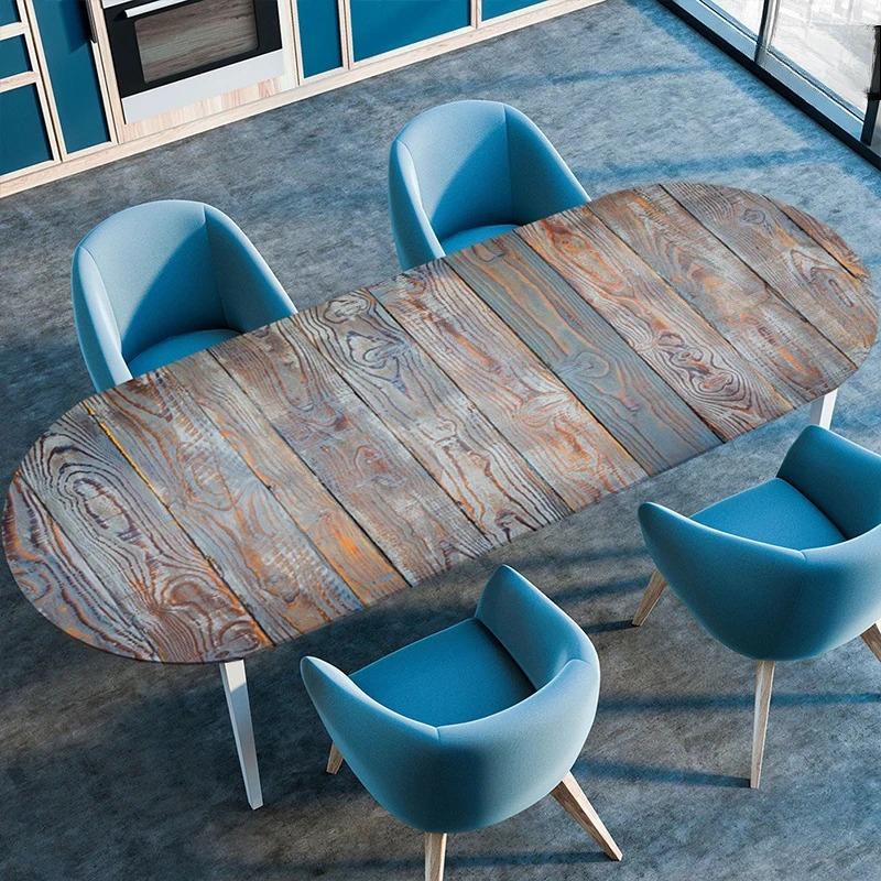 Wooden Plank Texture Style Waterproof Oval Tablecloth Oil-Resistant Elastic Stretch Fitted Table Cover Kitchen Dining Outdoor