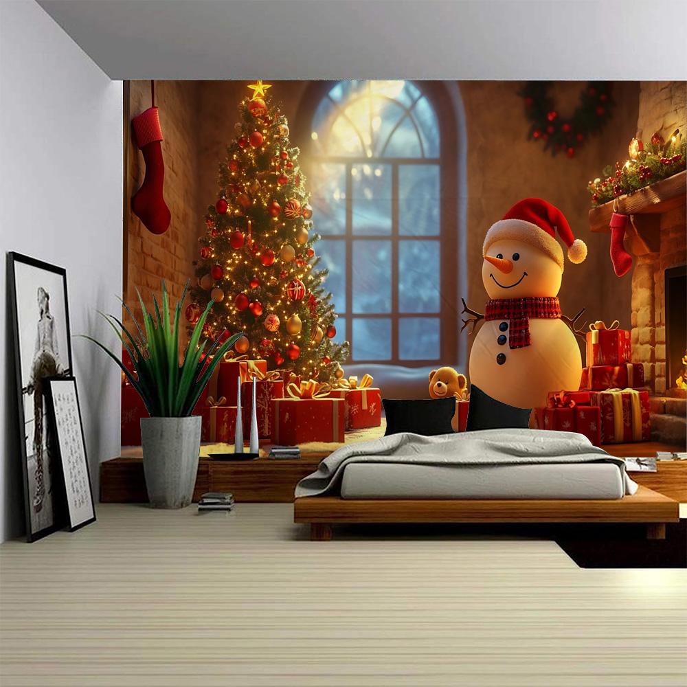 Christmas Snowman Tree Tapestry Cozy Room Xmas Holiday Party Backdrop Wall Hanging Photography Background Decor (