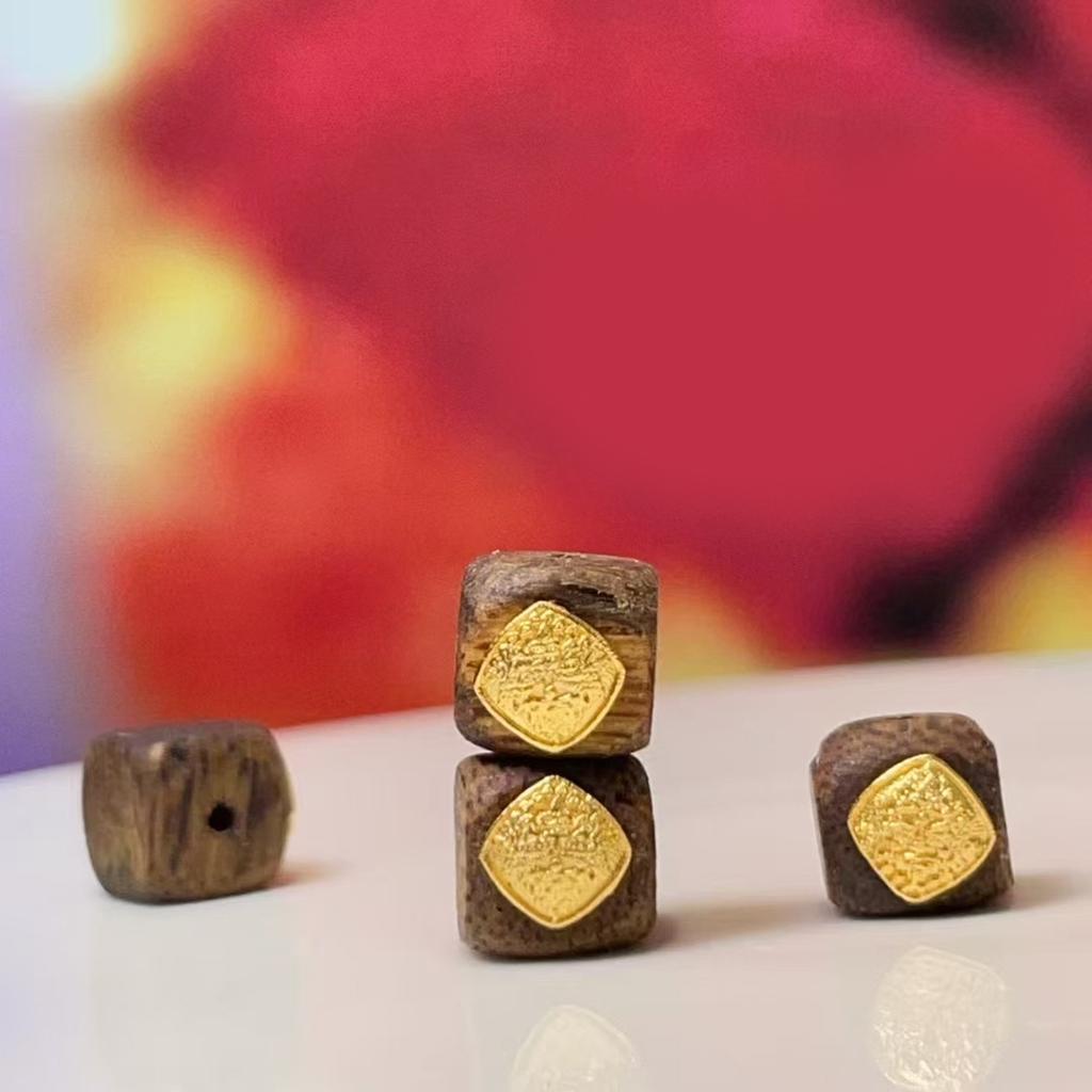 5Pcs Handmade Wooden Square Beads with Yellow Copper Accents, Stylish Minimalist Yellow Fortune God Loose Beads for DIY Necklace, Jewelry Making 8×8mm