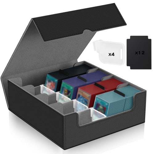 

Deck Case, Holds Over 3,000 Cards, 4 Columns, Built-in Magnets, PU Leather, 12 Compartments (Black + Gray)