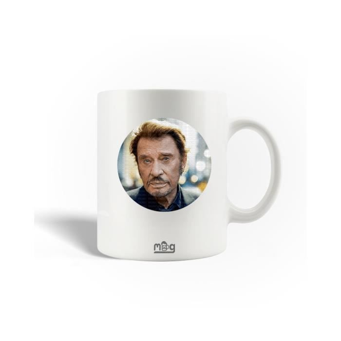 Mug en Céramique - Johnny Hallyday - 30cl - Blanc - Compatible Lave-Vaisselle - Rond