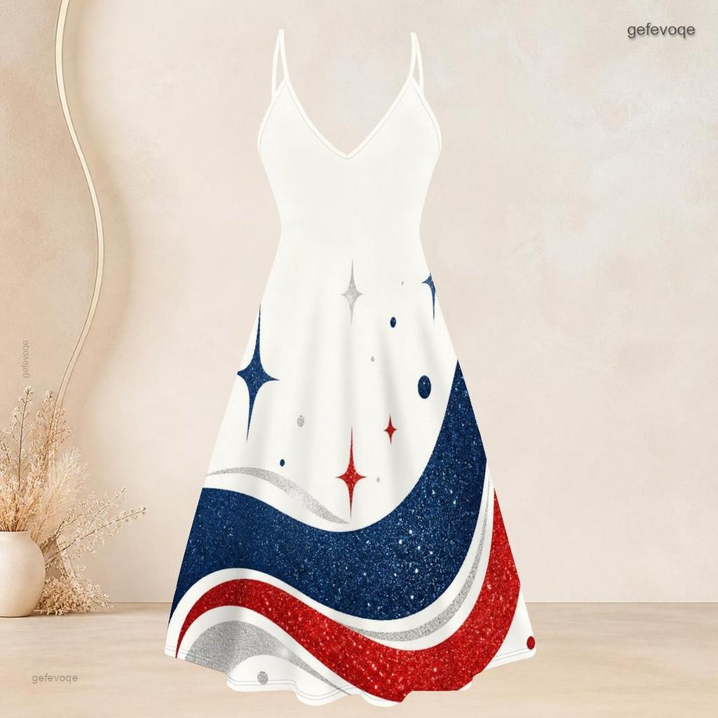 Women Plus Size Two Piece Set Short Sleeve Cardigan V Neck Strappy Star Printed Red Blue White Flared Dress